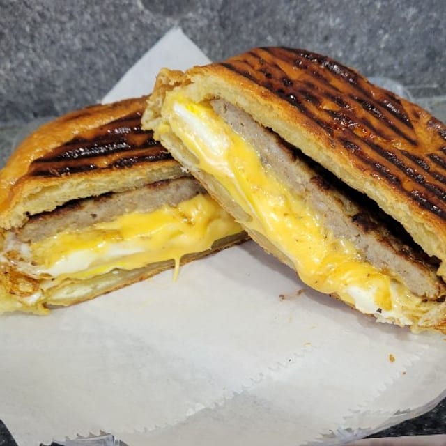 Bacon, Sausage, or Ham, Egg, and Cheese Danish.