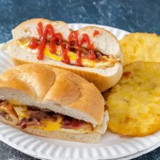 Bacon, Sausage, or Ham, Egg and Cheese Sandwich.