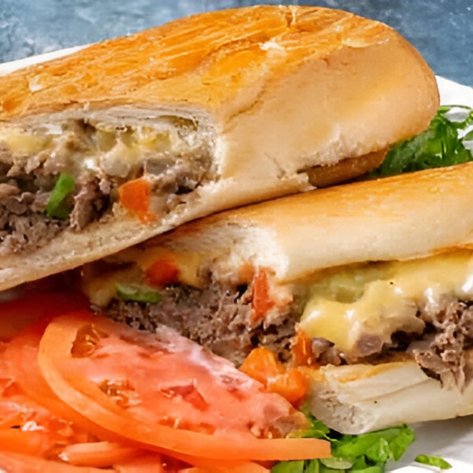 Two halves of a Notable Jamaican cheesesteak sandwich with melted cheese, peppers, and sliced tomatoes.